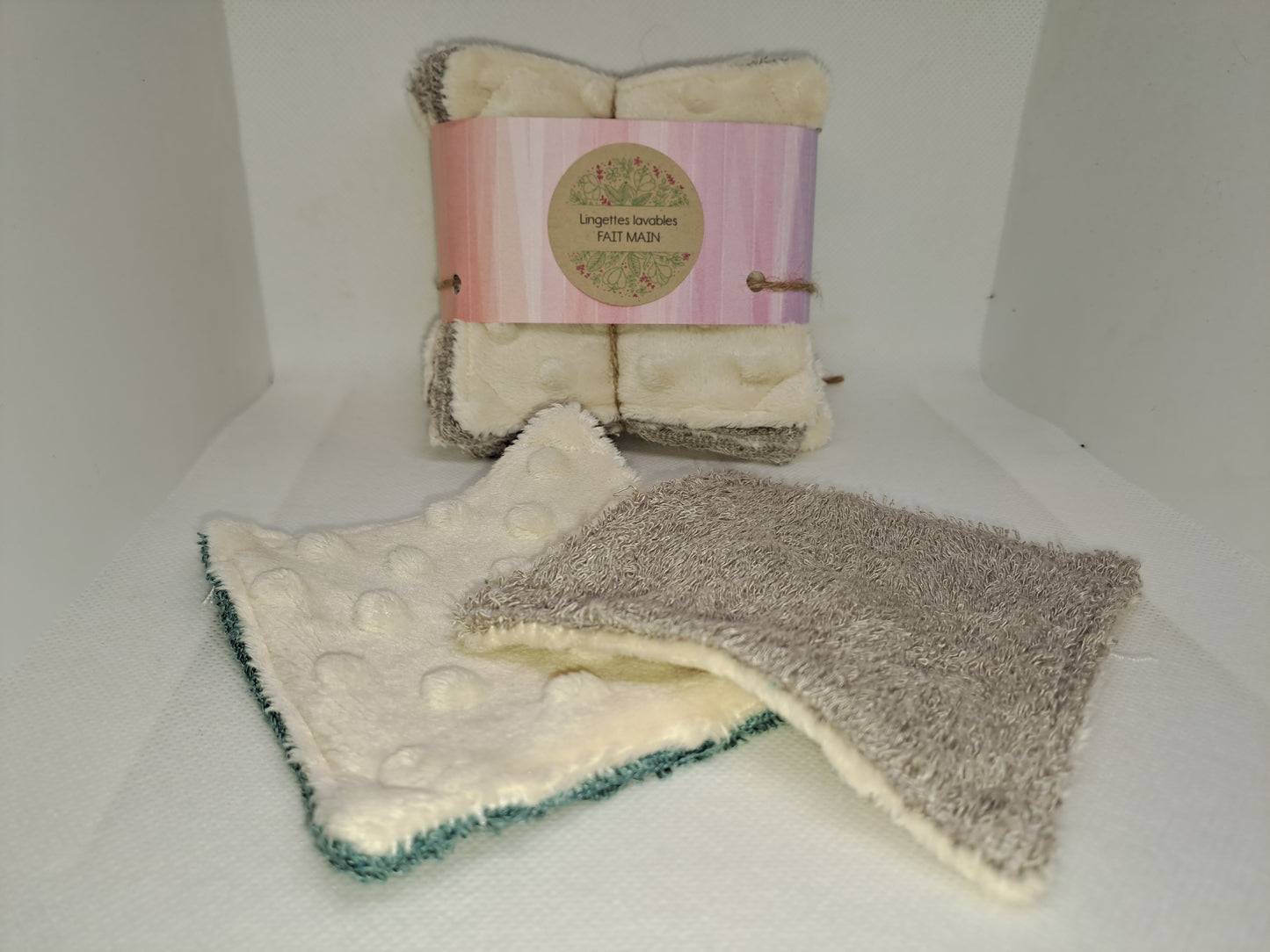 Lingettes lavables 10x10 cm en éponge de bambou et minky FAIT MAIN Lot de 9